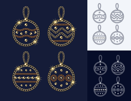 Christmas balls made of jewelry gold and bronze chains, shiny ball beads Elegant jewelry illustration for winter sales, christmas, new year holiday, gift decoration. Monochrome black and white versionのイラスト素材