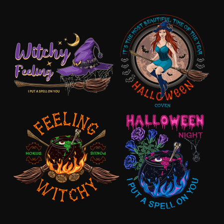 Set of halloween labels with pretty young witch, broomstick, moon, roses, cauldron, fire, witch hat, spiderweb, text, silhouette of bats. Bright colorful emblems in vintage styleのイラスト素材