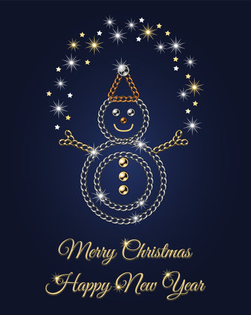 Pre-made greeting card design with snowman juggling little shiny sparkle stars. Snowman made of golden and silver jewelry chains. Text Happy New Year, Merry Christmas.のイラスト素材