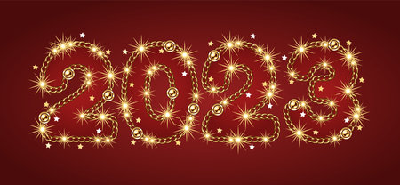 Numbers 2023 made of gold jewelry chains, sparkles, little scattered stars on a red background. No...