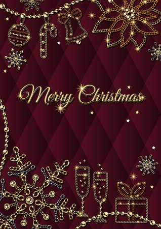 Greeting card design with snowflakes, copy space, symbols of Christmas. Elements are made of gold, bronze, silver jewelry chains. Deep red background with volume geometric rhombic grid.のイラスト素材