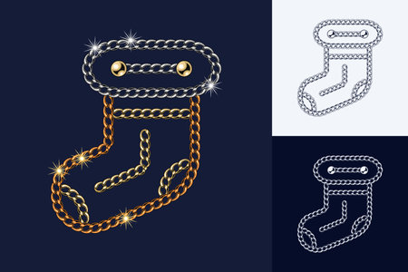 Christmas stocking made of jewelry gold, silver chains, shiny ball beads. Elegant jewelry illustration for winter sales, christmas, new year holiday, gift decoration Monochrome black and white versionのイラスト素材