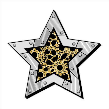 Christmas star made of shiny silver metal plates, gears, cogwheels, rivets in steampunk style. Vector illustration.のイラスト素材