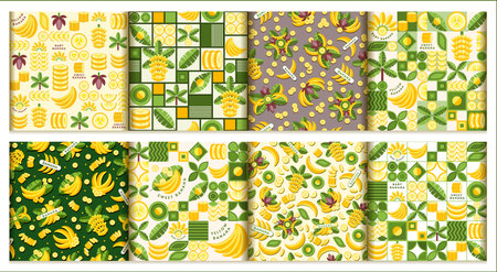 Set of banana background with design elements in simple geometric style. Seamless pattern. Good for...
