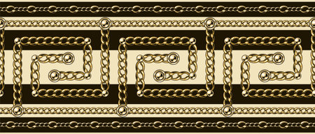 Greek pattern border with gold chains, beads. Beige, brown colors, horizontal stripes. Traditional...