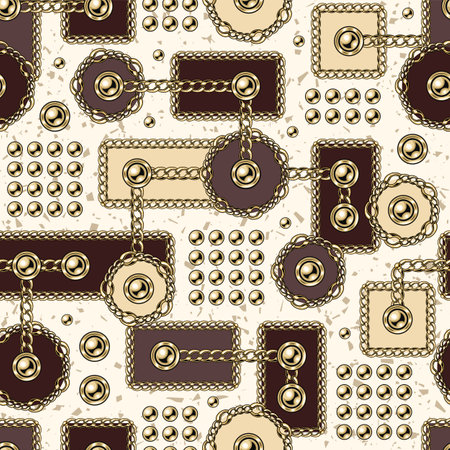 Seamless abstract pattern with geometric shapes, gold chains, beads, buttons. Circles, rectangels, square in random composition. Inspired of memphis style.のイラスト素材