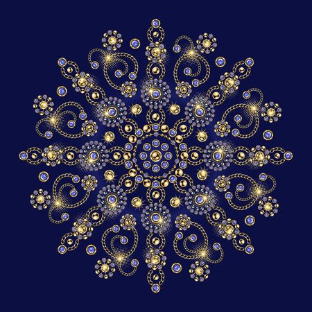 Jewellery luxury mandala with round motifs. Ornament made of gold, silver jewelry chains, blue gems, rhinestones, ball beads in vintage style. For prints, poster, cover, textile, surface design.のイラスト素材