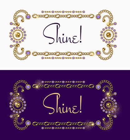 Rectangular frame with jewelry motifs, gold chains, elements with purple gems. Vintage style. Vector illustration on white, violet background.のイラスト素材
