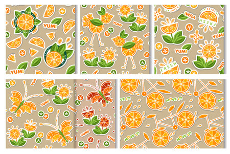 Set of patterns with text and stickers with orange slices, green leaves. Good for decoration of kids textile, food packaging, groceries, agriculture stores. Flat styleのイラスト素材