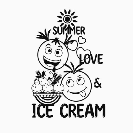 Funny monochrome label with ice cream sandae, crazy emoji love couple, text Love, Summer, Ice Cream. Simple minimal style, white background. For prints, clothing, t shirt designのイラスト素材