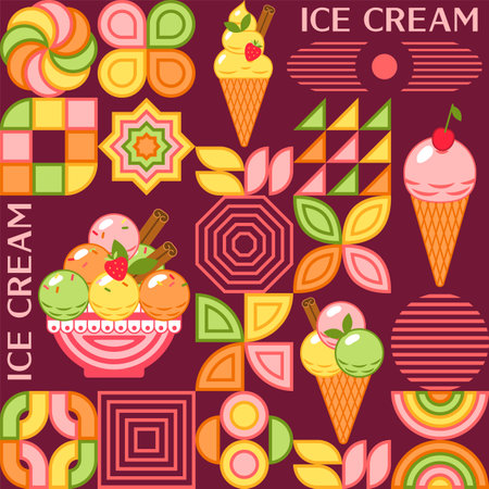 Seamless pattern with ice cream, abstract geometric shapes, text. Mosaic simple minimal style. For prints, clothing, surface designのイラスト素材
