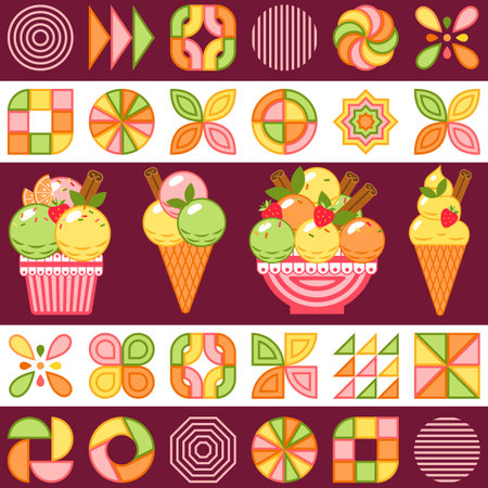 Seamless pattern with ice cream, abstract geometric shapes. Horizontal striped background. Mosaic simple minimal style. For prints, clothing, surface design, kitchen decoration.のイラスト素材