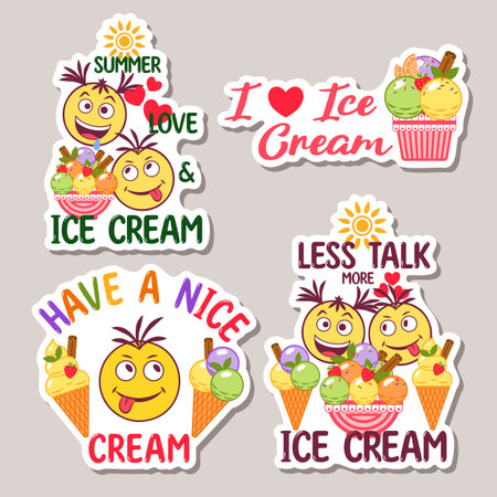 Set of funny romantic colorful stickers with ice cream sundae, crazy emoji love couple, text, hearts. Simple minimal style. For prints, clothing, t shirt designのイラスト素材
