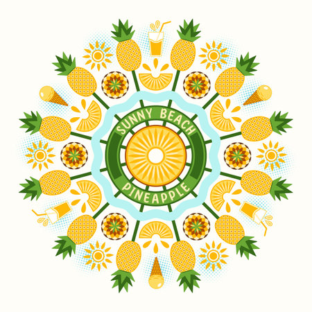 Round ornament with pineapple fruit, ice cream, juice, sun in simple geometric style Stylization of Sunny beach Good for decoration of food packaging, cover design, decorative print, backgroundのイラスト素材