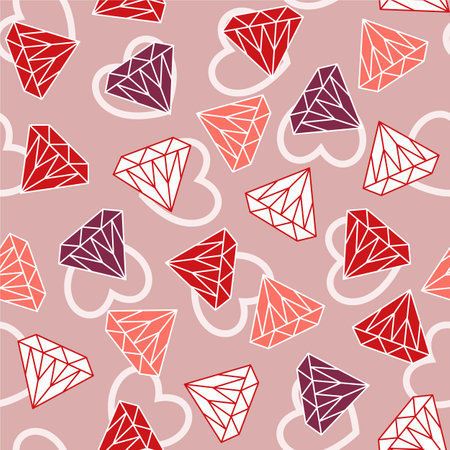 Valentines day seamless background with romantic symbols, heart, various multi coloured gemstones, diamonds. Vector pattern for decoration of wedding, engagement eventのイラスト素材