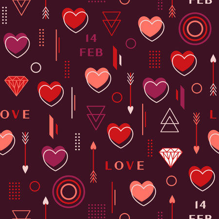 Seamless geometric background with cupid love arrow, hearts, gemstone, geometric shapes. Vector pattern for Valentines Day. Memphis style.のイラスト素材
