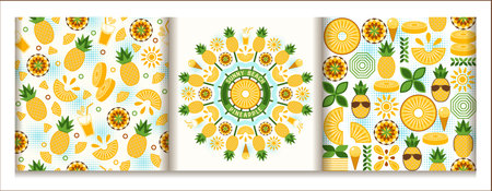 Set of round pineapple ornament, patterns with pineapple, ice cream, juice, sun in simple geometric style Stylization of Sunny beach Good for decoration of food packaging, decorative print, backgroundのイラスト素材