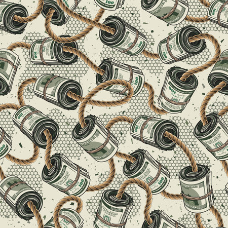 Money seamless pattern with rolls of 100 dollars bills bounded by jute rope on white textured background with hexagonal net, small abstract particles like dust. Detailed vintage vector illustrationのイラスト素材