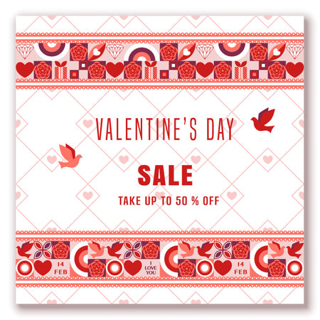 Sales banner for Valentines day with horizontal geometric composition, place for text. Such symbols of Valentines day as heart, rose, dove are used. Grid with small hearts, thin lines on backgroundのイラスト素材