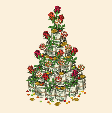 Money tower, pyramid like cake made of roses, candy, gold coins, money rolls of 100 US dollar bills. Concept of success and wealth. Good for birthday greetings, other holidays.のイラスト素材