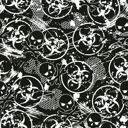 Seamless black and white camouflage pattern with Biological hazard symbol, paint brush strokes, skull and crossbones, hexagon net. For apparel, fabric, textile, sport goods. Grunge textureのイラスト素材