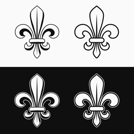 Fleur de lis set. Fleur de lys icons in different styles. Balck and white illustration for Mardi Gras carnival. Royal French heraldry symbol.のイラスト素材