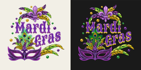 Carnival Mardi Gras label with fleur de lis symbol, feathers, carnaval mask, beads, text. For prints, clothing, t shirt, surface design. Vintage styleのイラスト素材