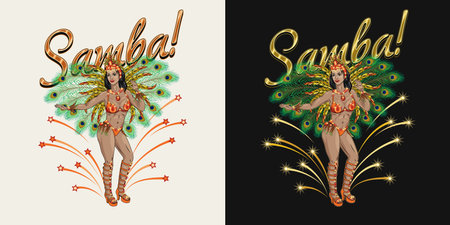 Label with hot brazilian samba female dancer in full growth, golden stars, sparks flying from under...