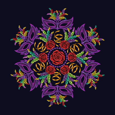 Round purple pattern like mandala for Carnival. Masquerade mask, colorful feathers, spiral ribbons, streamers, beads, roses. For prints, clothing, back of t shirt, plate, surface designのイラスト素材