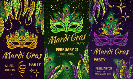 Set of 3 vertical carnaval posters with mask, feathers, ribbons, beads, golden stars, text. Social media story size. Template for Mardi Gras carnival, party in vintage style. Detailed illustrationのイラスト素材