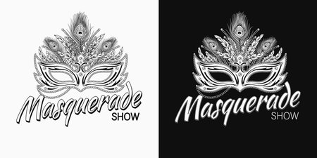 Carnaval label with luxury masquerade mask, feathers, jewelry chains, golden text Masqueradel show. For prints, clothing, t shirt, surface design. Vintage styleのイラスト素材