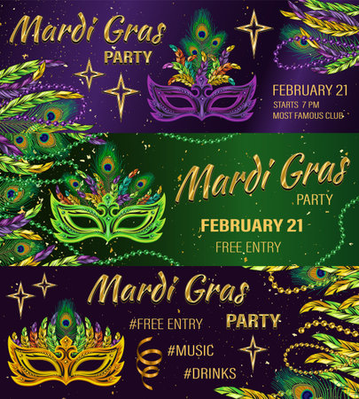 Set of 3 horizontal carnival banners with mask, feathers, ribbons, beads, golden stars, text. Social media header size. Template for Mardi Gras carnival, party in vintage style. Detailed illustrationのイラスト素材