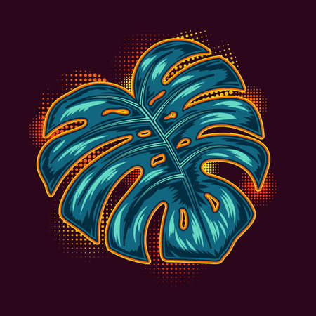Fantasy turquoise Monstera plant leaf with orange neon glowing backlight. Detailed illustration in vintage style for night party decoration.のイラスト素材