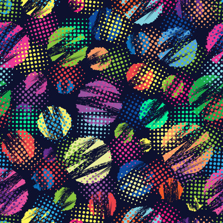 Abstract seamless pattern with circles, zigzag paint brush stroke, halftone elements. Multicolored circles on dark backdrop. Modern grunge texture with halftone. Perfect for sportswear, sporting goodsのイラスト素材