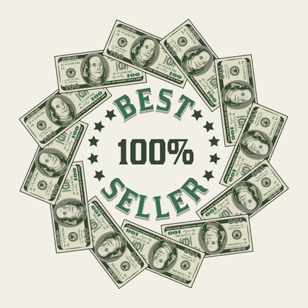 Circular money frame with US dollar bills, copy space, copy placement. Logo, emblem, badge for advertisement, sale, offer, discount, winner award, congratulationsのイラスト素材