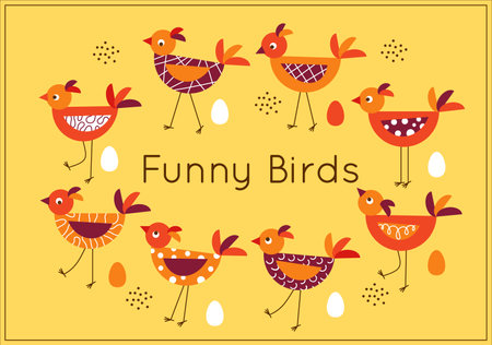 Set of cute cartoon birdies on thin legs with eggs. Simple geometric style. Vector design elements.のイラスト素材