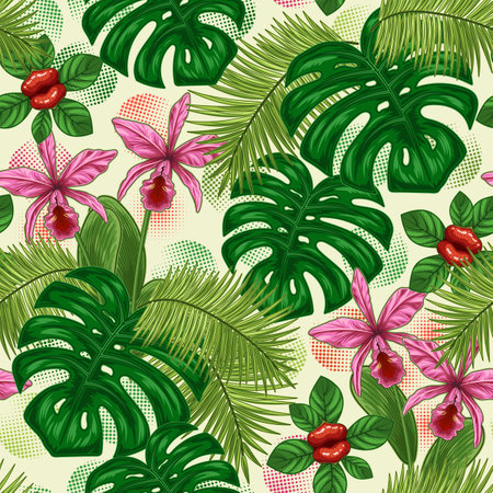 Seamless pattern with tropical vegetation, halftone shapes on white background. Monstera, palm leaves, orchid, exotic flower like lips. Vintage illustration for prints, apparel, surface designのイラスト素材