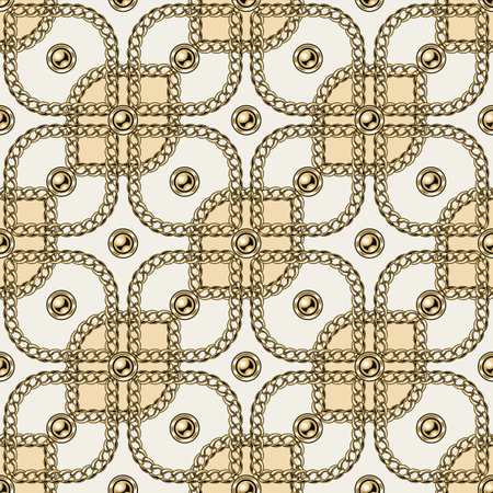 Seamless pattern with geometric square shapes, gold chains, beads, buttons. Classic diagonal grid....