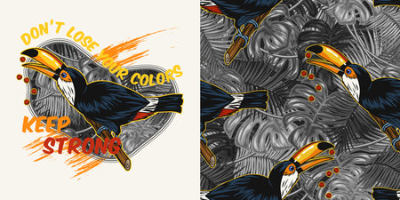Set of seamless pattern, inspirational label with toucan. Bird is sitting on tree branch, text Keep Strong. Concept of strength, resilience. For prints, clothing, t shirt, surface designのイラスト素材