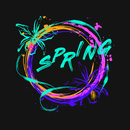 Circular label with orchids, paint brush strokes, spattered paint of neon bright colors, word Spring. Virtual surreal nature Grunge style for sports goods, prints, clothing, t shirt designのイラスト素材
