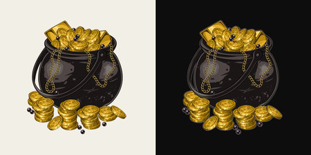 Cast iron pot full of gold coins, ingots, black pearls, golden chains in vintage style. Detailed vector illustration for Patricks day, treasure hunt, adventure.のイラスト素材