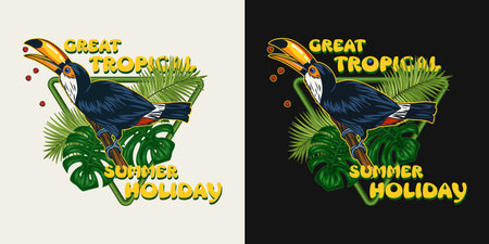 Triangle label with toucan bird, tropical foliage, text Summer Holiday. Bird sitting on tree branch and eating seeds. Detailed illustration for prints, clothing, t shirt designのイラスト素材