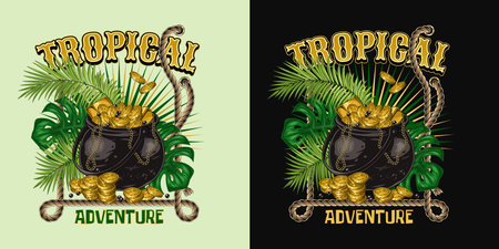 Label with tropical foliage, rope frame, cast iron pot full of gold coins, ingots, text. Concept of treasure hunt, adventure. Detailed illustration for prints, clothing, t shirt designのイラスト素材