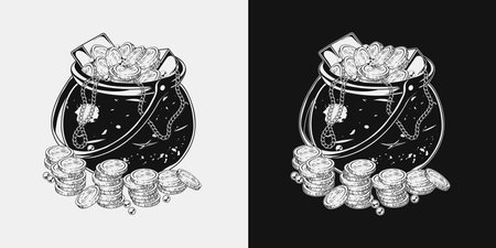 Cast iron pot full of gold coins, ingots, pearls, chains in vintage style. Detailed monochrome vector illustration for Patricks day, treasure hunt, adventure.のイラスト素材