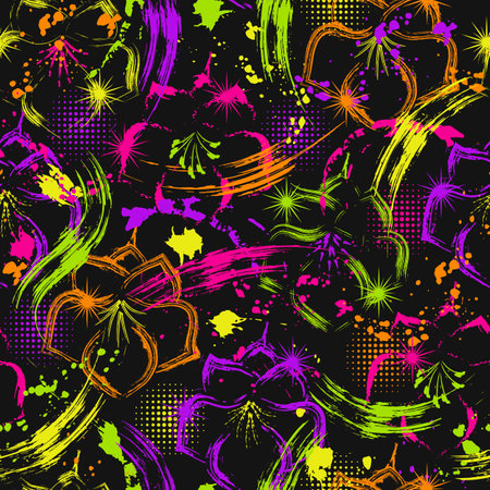 Seamless fantasy pattern with flowers, paint brush strokes, halftone shapes, spattered paint of neon bright colors. Virtual surreal nature Grunge style for sports goods, kids clothingのイラスト素材