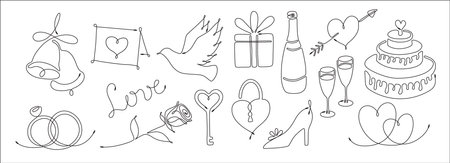 Set of single line drawing of romantic elements. Bells wedding rings invitation rose word Love dove love key gift padlock bottle wedding shoe cake heart wine glass love heart with arrow Line art styleのイラスト素材