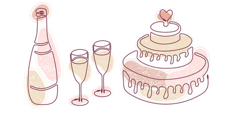 Set of single line drawing of romantic elements with textured color shapes. Champagne bottle, wine glasses, cake. Vector hand drawn line art style.のイラスト素材
