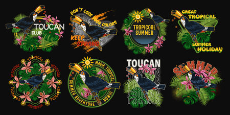 Set of labels with toucan bird, tropical foliage, orchid, text on black background. Holiday summer theme. Detailed illustration for prints, clothing, t shirt designのイラスト素材