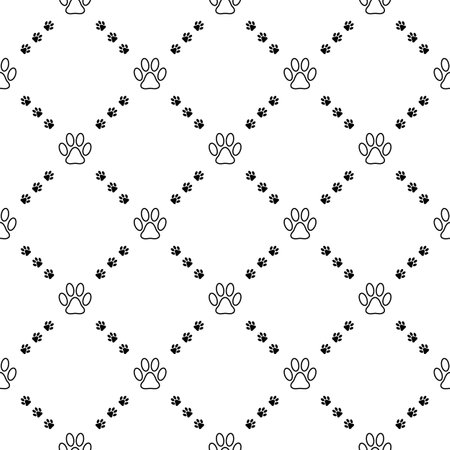 Simple seamless vector pattern with paw prints in rhombus grid. Black on white. Good for cats goods decorationのイラスト素材