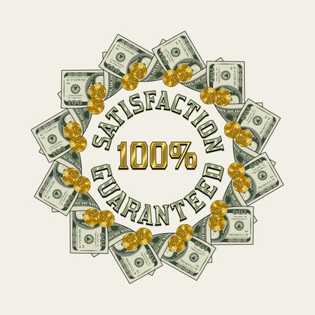 Circular money frame with folded US dollar bills, golden coins, copy space, copy placement. Logo, emblem, badge for advertisement, sale, offer, discount, winner award, congratulationsのイラスト素材